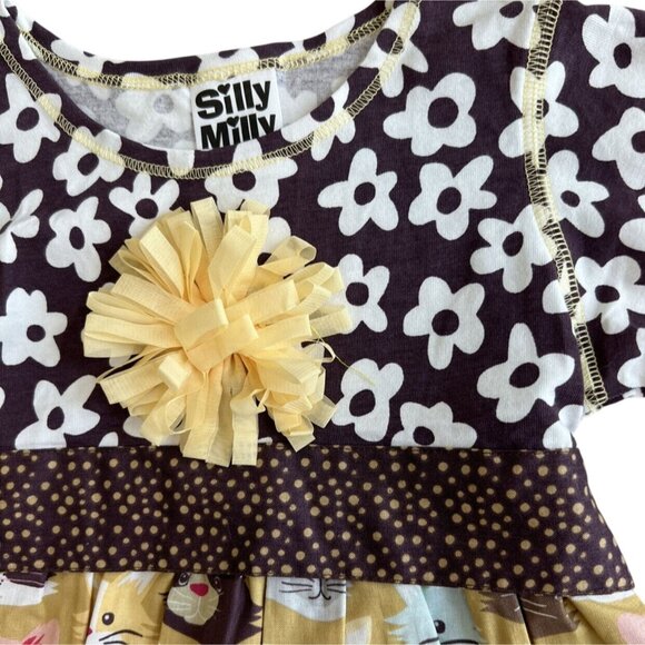 Silly Molly Cat Dress Girls Brown Yellow Long Sleeve Belted Cotton Size 6 - Picture 4 of 11